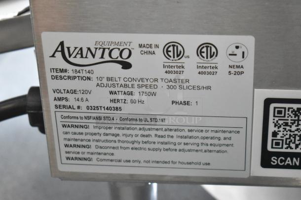 BRAND NEW Avantco 184T140 stainless steel conveyor toaster, 10" wide, 3" opening, 300 slices/hour, 115V, 1 Phase.
