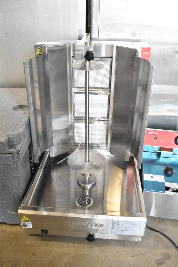 Brand new Avantco VB203 stainless steel vertical broiler, 65 lb. capacity, 28,500 BTU, natural gas, minor scratches and dents.