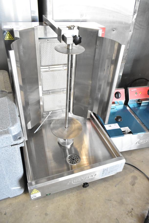 Avantco VB203 stainless steel vertical broiler, gas-powered, 65 lb. capacity, 28,500 BTU, new, minor scratches.