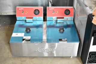 Brand new 2024 Avantco 177F102 dual tank electric countertop fryer, 20 lb. capacity, with 2 metal baskets and lids, 120V, 1 phase.