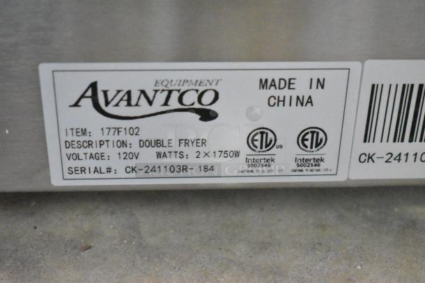Brand new Avantco 177F102 dual tank electric fryer label showing 120V, 2x1750W, ETL certified, made in China.