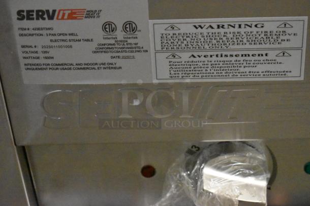 BRAND NEW 2025 ServIt 423EST3WO Stainless Steel, Three Pan Open Well Electric Steam Table, 120V, 1 Phase, with warning labels.