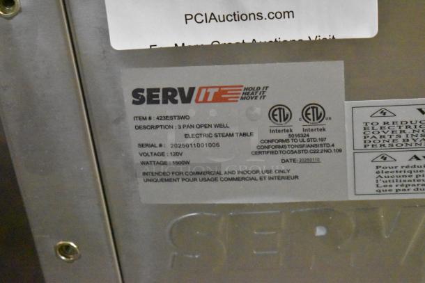 BRAND NEW ServIt 423EST3WO three pan open well electric steam table, stainless steel, 120V, 1 Phase, label shown.