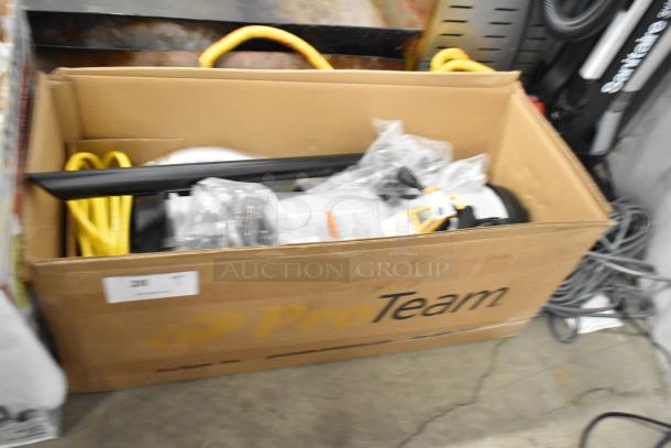 Brand new ProTeam LV-100 backpack vacuum, 120 volts, in original box. Includes yellow hose, power cord, and accessories.