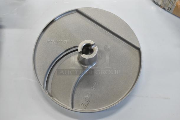 Brand new Robot Coupe 28004W 5/32" slicing disc. Metallic finish, model markings visible. Scratch and dent item.