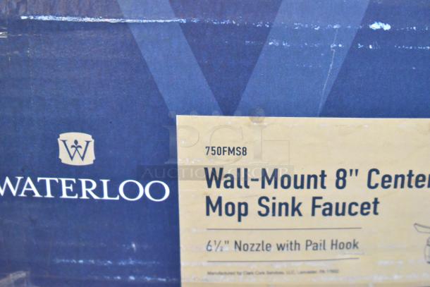 Waterloo 750FMS8 wall-mounted mop sink faucet in box; 8" centers, 6½" nozzle with pail hook; new scratch and dent condition.