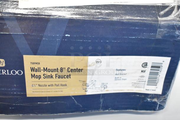 Waterloo 750FMS8 wall-mounted mop sink faucet with 8" centers, new scratch and dent. Features include 6.5" nozzle and pail hook.