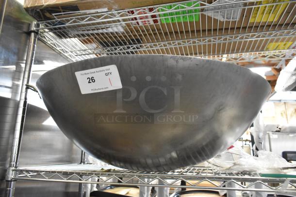 "New Town 34730 Cantonese wok, 30-inch, hand-hammered, scratch and dent condition, auction label visible."