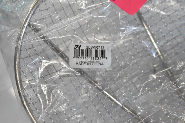 Brand new SLSKR713 7" round wire skimmer, stainless steel, in packaging with barcode and "Made in China" label.