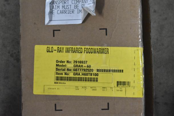 Cardboard box with label for Hatco GRAH-60 Glo-Ray Infrared Food Warmer, new condition, model and serial numbers visible.