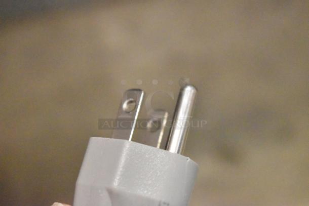 Close-up of power plug for the 2025 Solwave 180MW1000SS stainless steel commercial microwave. 120 volts, 1 phase.