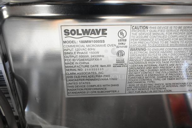 Brand new Solwave 180MW1000SS stainless steel commercial microwave. Features push button controls, 120 Volts, 1 Phase.