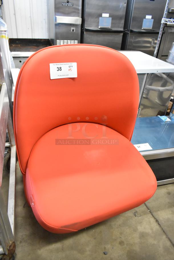 Red bucket seat, no legs, minor scratches and dents, auction label indicates 5 times bid value. Brand new.
