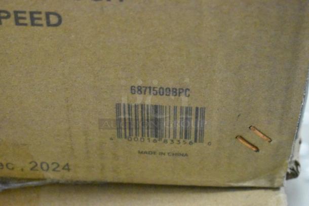 Cardboard box with barcode, marked "6871509BPC," indicating Boltic 36" Black Powder Coat Air Curtain. Made in China.