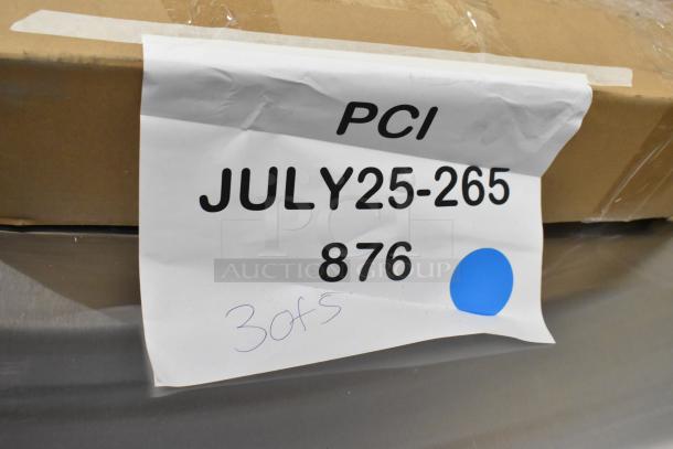 Brand new Avantco SNZGD8 flat glass sneeze guard, 49", labeled "PCI JULY25-265 876," scratch and dent condition.