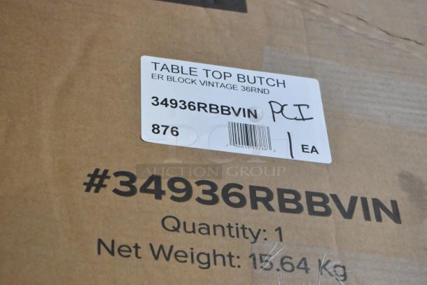 Cardboard box labeled "34936RBBVIN" containing Lancaster Table & Seating butcher block table top, net weight 15.64 kg.