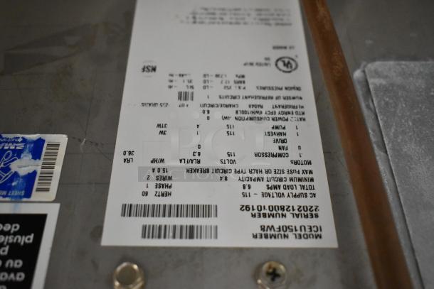 2022 Ice O Matic ICEU150FW8 commercial ice machine label, 115V, 1 phase, serial 20221280010192, NSF and UL listed.