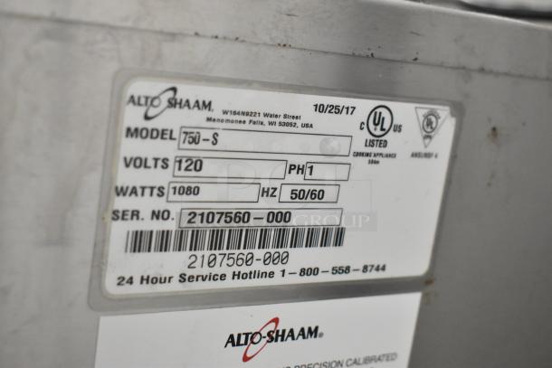 2017 Alto Shaam 750-S Halo Heat cabinet label, 120V, 1 phase, UL listed, serial 2107560-000, in stainless steel.