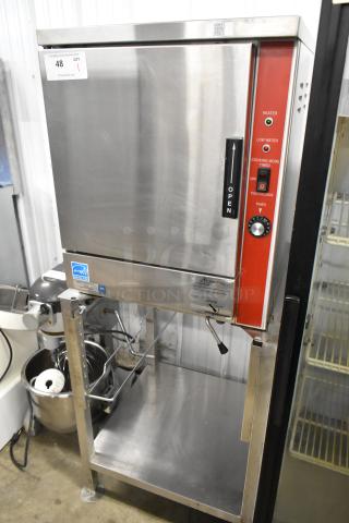 Vulcan VPX5 stainless steel commercial steam cabinet, single deck, on equipment stand. 208V, 1/3 phase. Clean condition.