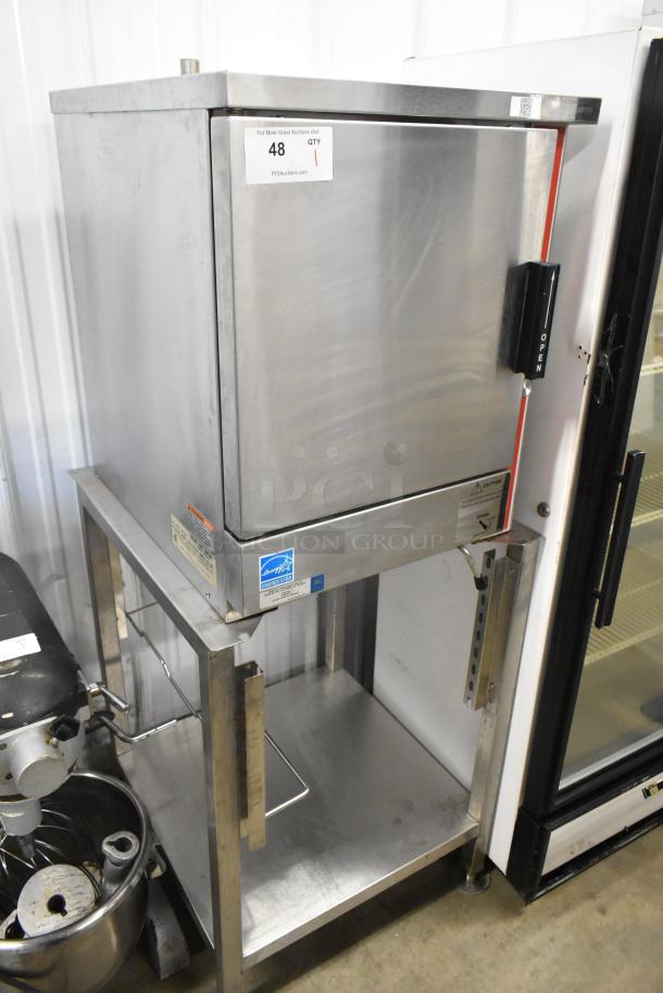 Vulcan VPX5 stainless steel steam cabinet on stand, 208 volts, single deck, commercial use, visible labels, excellent condition.