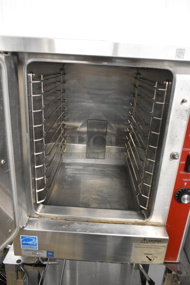 Vulcan VPX5 stainless steel steam cabinet on stand, electric-powered, single deck, 208V, 1/3 phase, Energy Star rated.