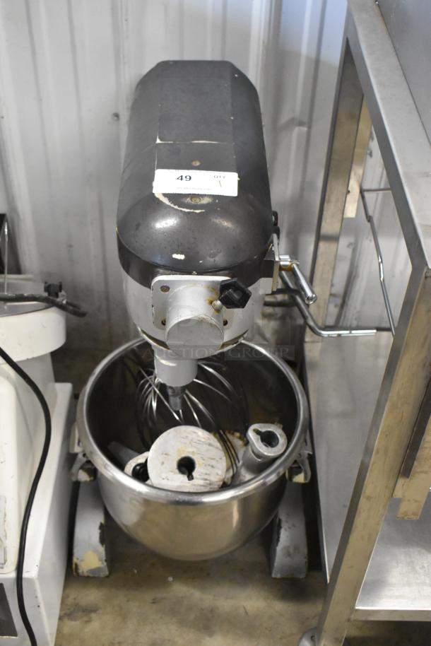 General GEM120 metal commercial 20-quart dough mixer with bowl, hook, paddle, whisk. 110V, 1 phase. Visible wear.