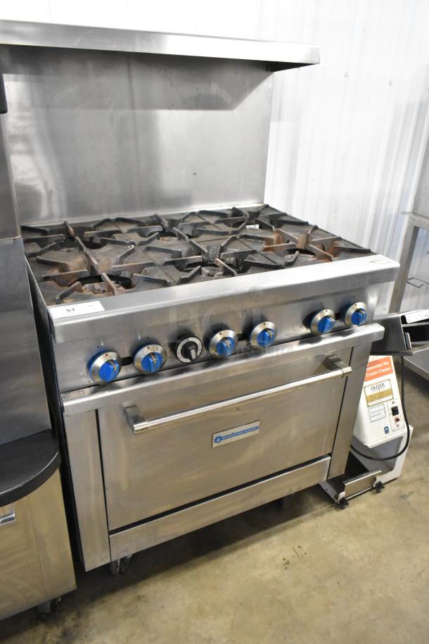 Standard Range SR-R36 stainless steel commercial gas 6-burner range with oven, over shelf, backsplash, on casters.
