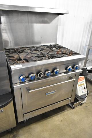 Standard Range SR-R36 stainless steel commercial gas 6-burner range with oven, over shelf, backsplash, on casters.