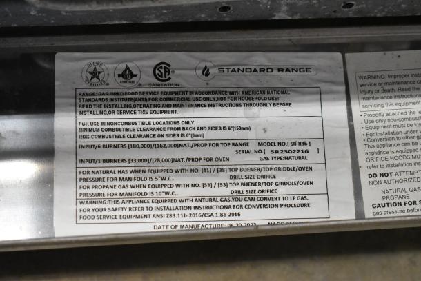 Standard Range SR-R36 stainless steel commercial 6 burner range, natural gas, with oven, overshelf, backsplash, on casters.