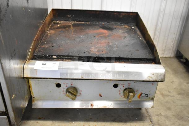 Cooking Performance Group stainless steel gas griddle with dual knobs, showing signs of use. Model: CPG. Item tag reads "53."