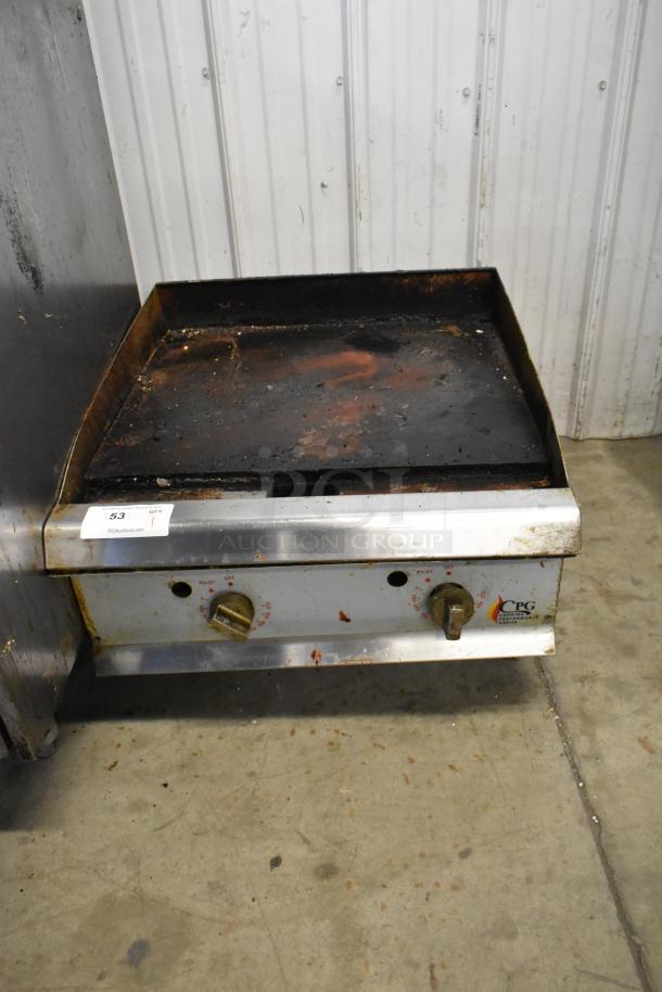 Cooking Performance Group stainless steel gas griddle, used condition, countertop model with control knobs and visible markings.