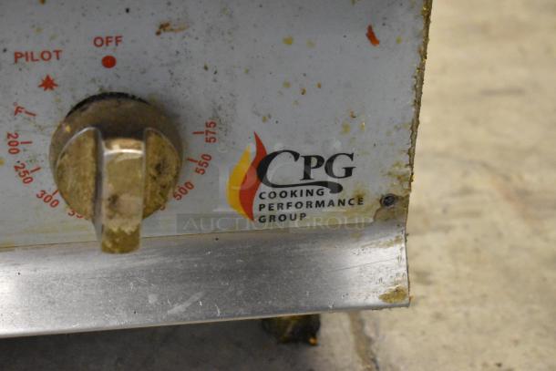 Cooking Performance Group CPG stainless steel commercial countertop gas griddle, showing temperature control knob with visible wear.