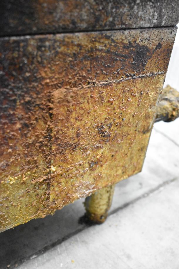 Cooking Performance Group stainless steel commercial griddle with visible rust. Gas-powered, countertop model. Needs cleaning.