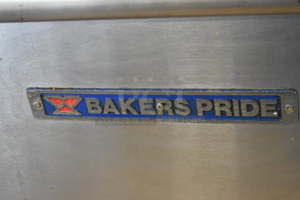 Bakers Pride stainless steel logo on commercial gas-powered 6 burner range with oven, over shelf, and backsplash.