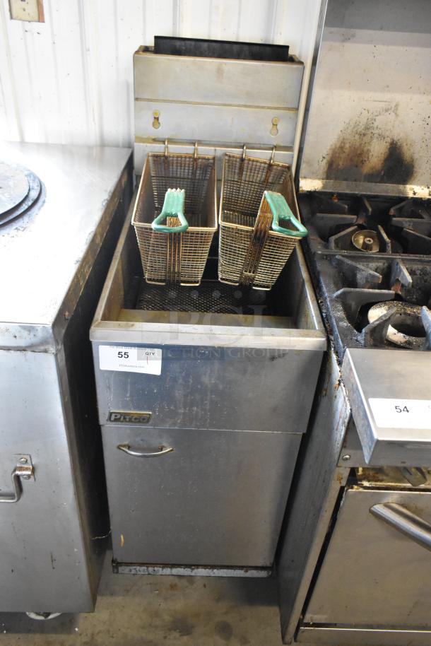 Pitco Frialator 40D stainless steel commercial floor fryer with 2 metal fry baskets, natural gas powered, 107,000 BTU.