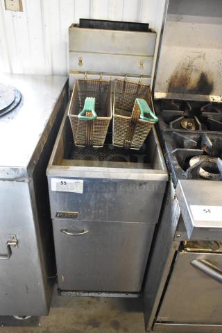 Pitco Frialator 40D stainless steel commercial floor fryer with 2 metal fry baskets, natural gas powered, 107,000 BTU.