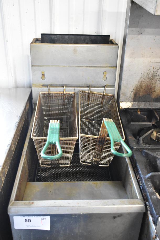 Pitco Frialator 40D stainless steel commercial deep fat fryer with two metal fry baskets, natural gas, 107,000 BTU.