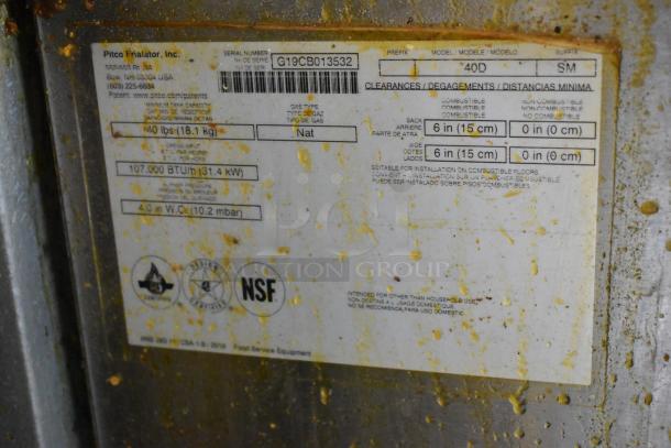 Pitco Frialator 40D fryer label shows 107,000 BTU, natural gas use, model 40D, serial G19CB013532, NSF certified.