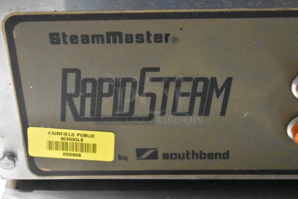 Southbend RS-4E RapidSteam Stainless Steel Steam Cabinet, visible labels: "SteamMaster," "RapidSteam," "Fairfield Public Schools 003906."