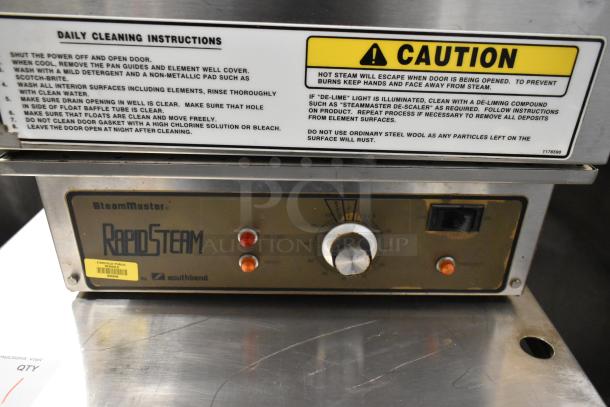Southbend RS-4E RapidSteam Steam Cabinet, stainless steel, single deck, control panel with cleaning instructions visible.
