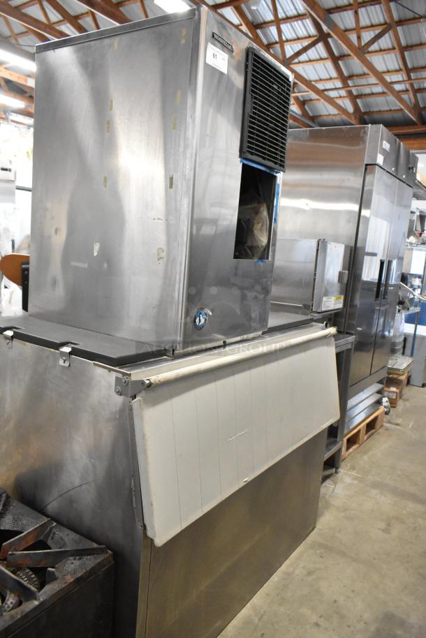 Hoshizaki stainless steel commercial ice head on bin, visible model label, excellent condition, ideal for high-demand use.