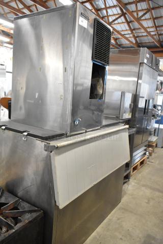 Hoshizaki stainless steel commercial ice head on bin, visible model label, excellent condition, ideal for high-demand use.