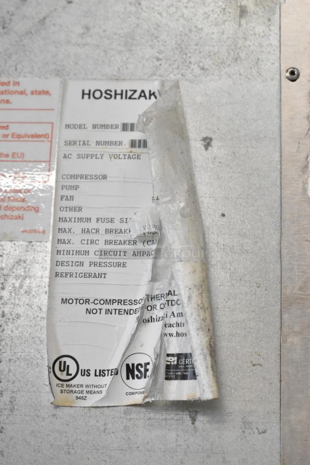 Hoshizaki stainless steel commercial ice head with visible label showing model and UL, NSF certifications.