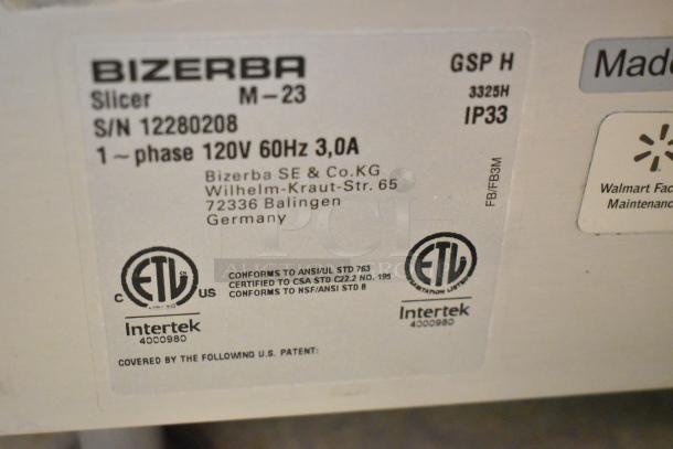 2023 Bizerba GSP H Metal Commercial Meat Slicer label. Features: 120V, 1 Phase. Certified to CSA, ANSI, NSF standards.