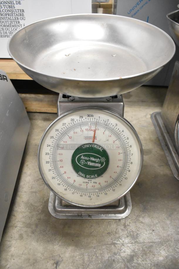 2 Universal AccuWeigh Yamaha SM(N) scales, 30 lb capacity, stainless steel, dial display, used condition, brand marking visible.