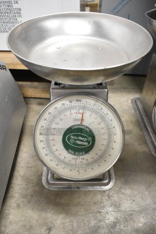 2 Universal AccuWeigh Yamaha SM(N) scales, 30 lb capacity, stainless steel, dial display, used condition, brand marking visible.