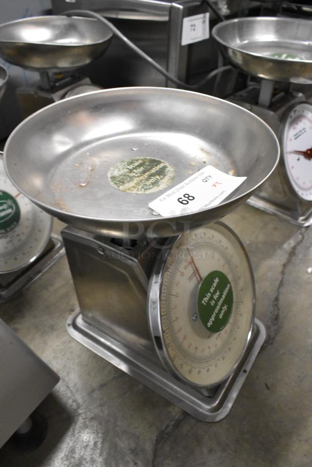 2 Universal AccuWeigh Yamaha SM(N) countertop scales, 30 lb capacity, metal construction, visible wear, auction label present.