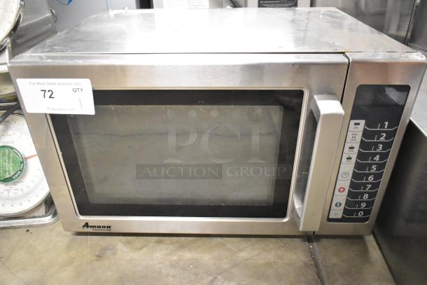 2016 Amana RCS10TS stainless steel commercial microwave oven, countertop model, 120 volts, 1 phase, digital controls.