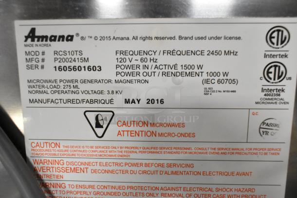 2016 Amana RCS10TS stainless steel commercial microwave. 120V, 1 phase, 2450 MHz frequency. Manufactured May 2016.