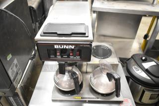 Bunn VP17-3 stainless steel coffee machine, 3 burners, 2 pots, 120V, 1 phase, commercial countertop model, visible controls.